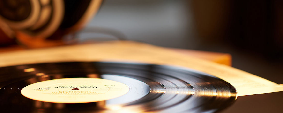 Close-up of a vinyl record on a turntable