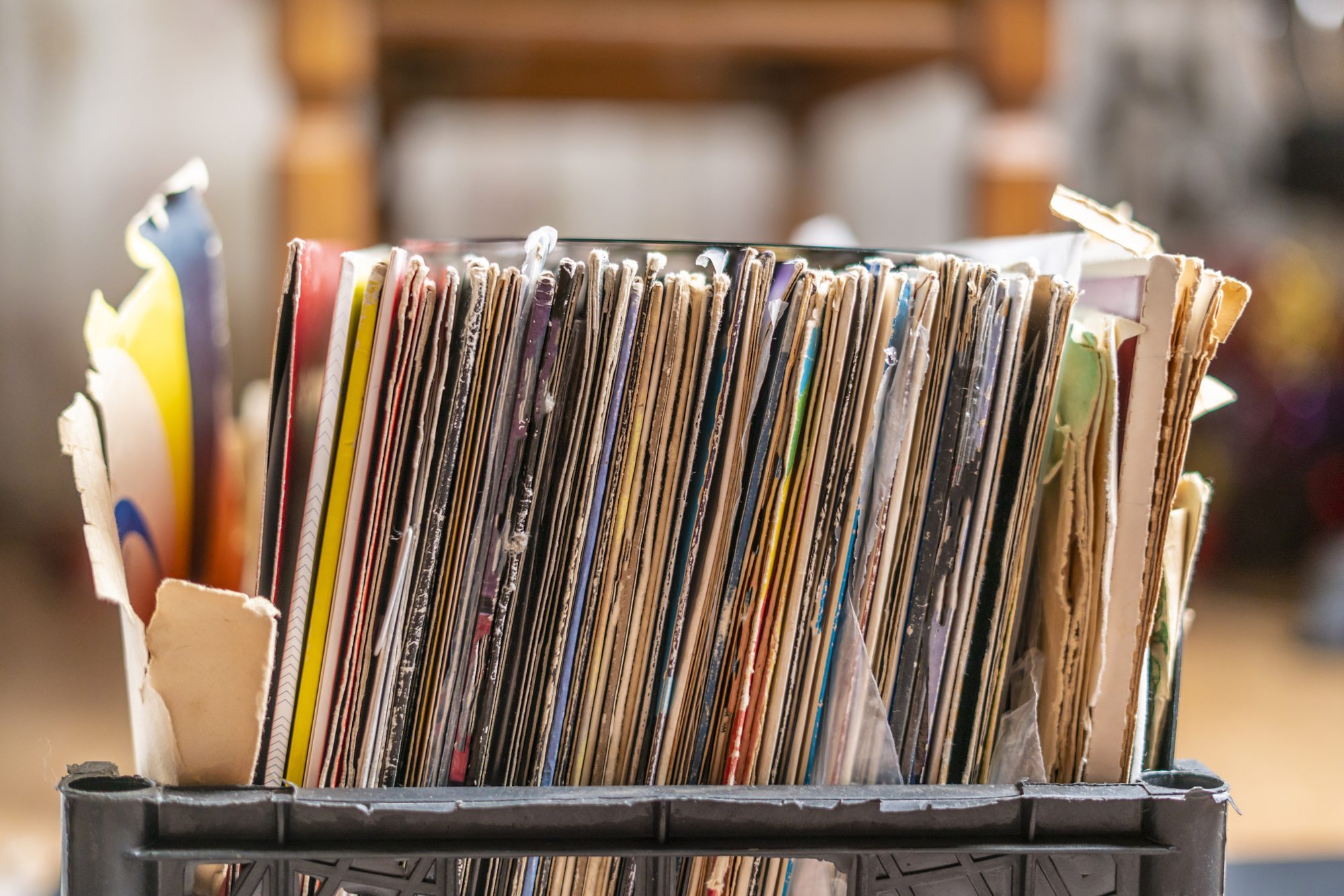 Crate of vintage vinyl records at a record market